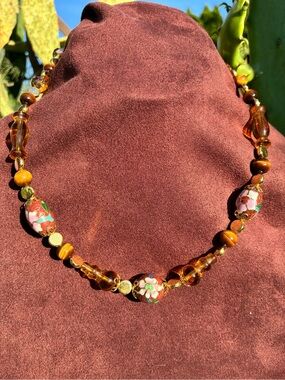 Handcrafted Amber & Cloisonné Floral Necklace - Brown/Gold